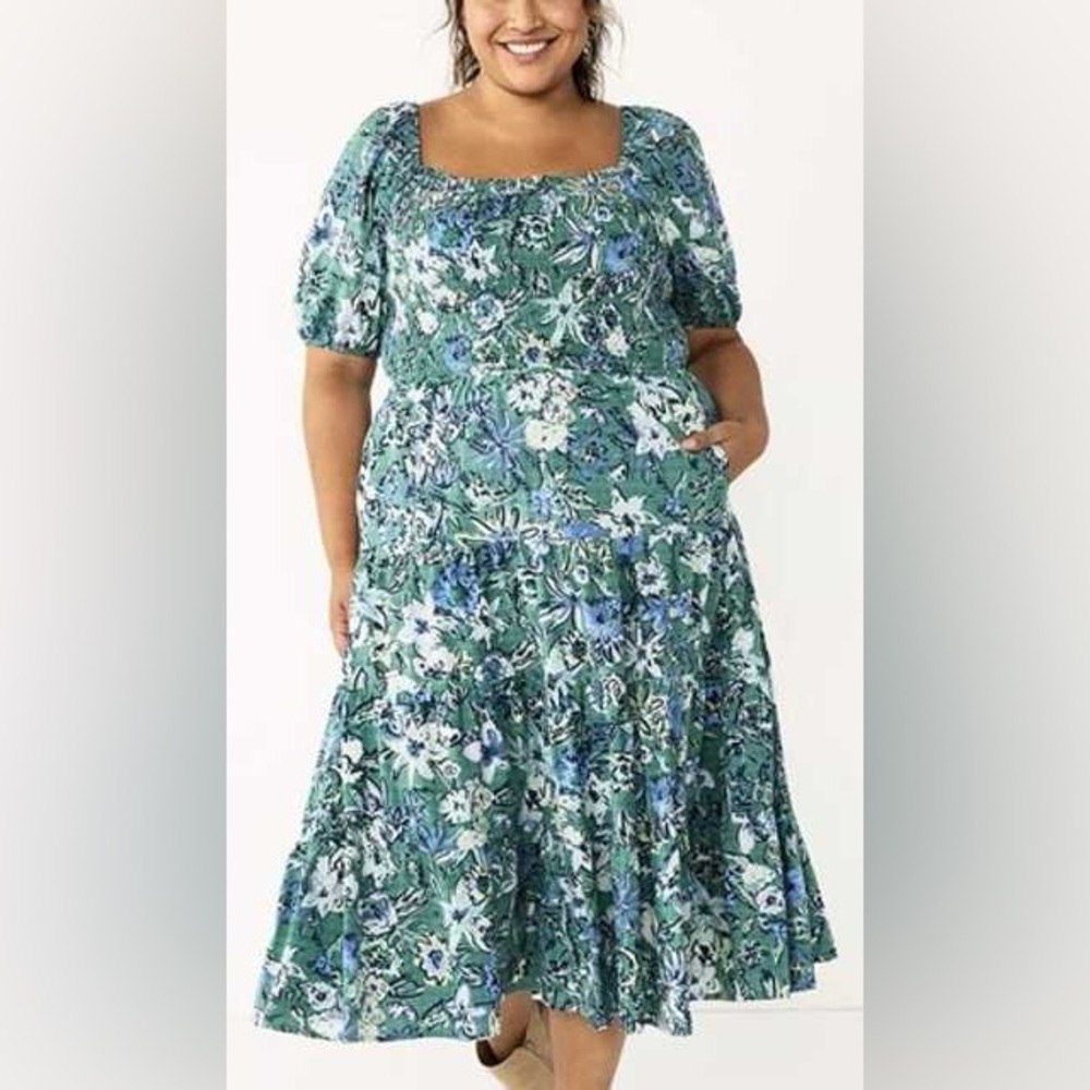 Sonoma Goods for Life Smocked Tiered Floral Midi Dress Green Size 3X